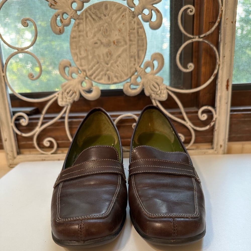 Aerosoles Sea Chore Brown Leather Chunky Heel Square Toe Shoes Size 8-1/2B